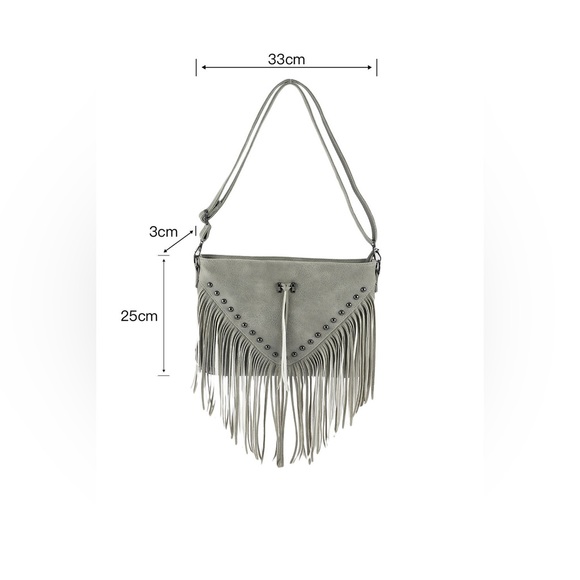 Grey Rivet Fringe Tassel Leatherette Crossbody Bag - Picture 3 of 3